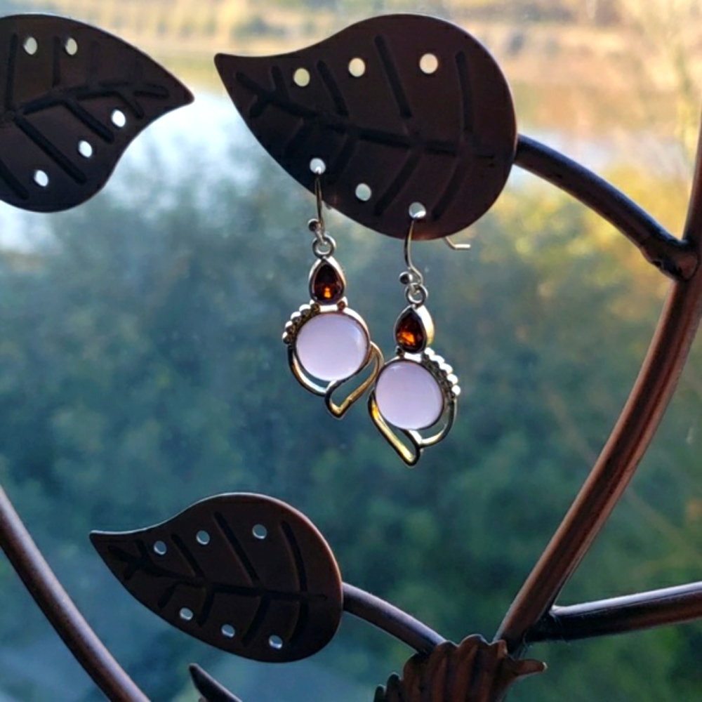 Lavender Stone and Amber Teardrop Dangle Earrings - Silver Tone